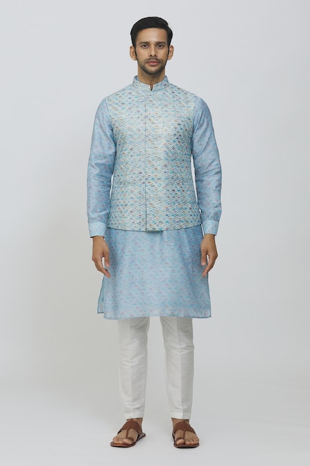 Shop Rng Safawala Sky Blue Silk, Cotton Embroidery Raw Block Print Jacket With Kurta Set Online at Aza Fashions Shop_Rng Safawala_Sky Blue Silk, Cotton Embroidery Raw Block Print Jacket With Kurta Set_Online_at_Aza_Fashions