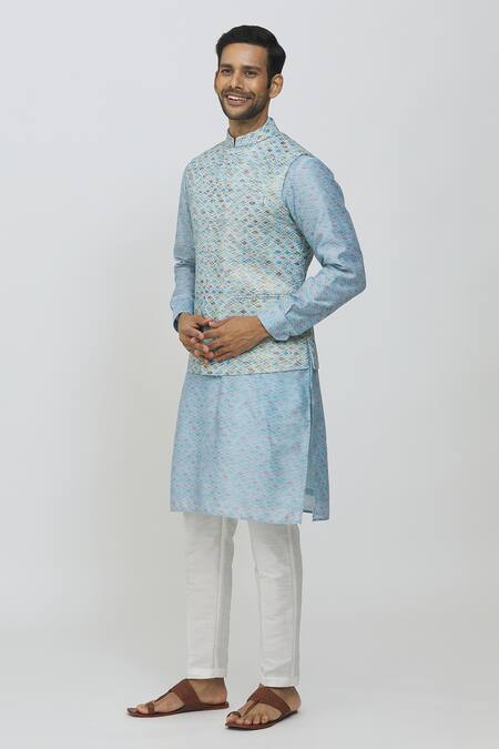 Rng Safawala Sky Blue Silk, Cotton Embroidery Raw Block Print Jacket With Kurta Set at Aza Fashions Rng Safawala_Sky Blue Silk, Cotton Embroidery Raw Block Print Jacket With Kurta Set_at_Aza_Fashions