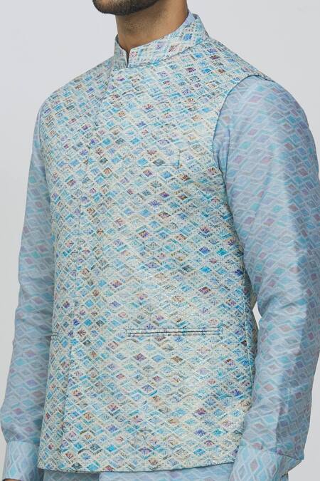 Buy Rng Safawala Sky Blue Silk, Cotton Embroidery Raw Block Print Jacket With Kurta Set Buy_Rng Safawala_Sky Blue Silk, Cotton Embroidery Raw Block Print Jacket With Kurta Set