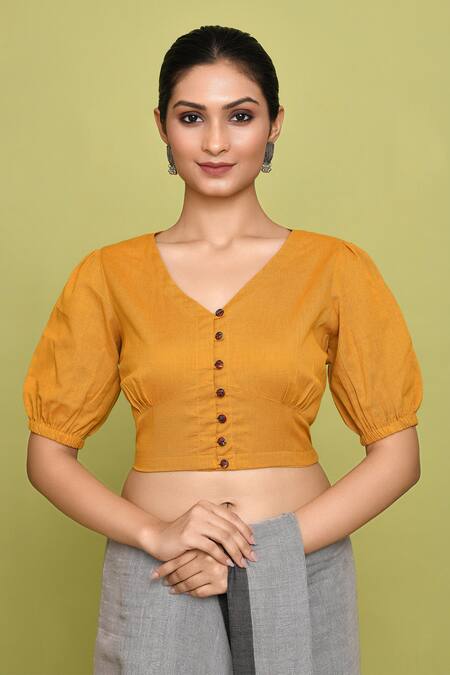 Nazaakat by Samara Singh Yellow Cotton Solid V-neck Blouse