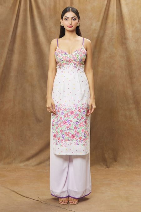 Label Priyanka Kar Ivory Cotton Embroidery Sweetheart Neck Hand Kurta Sharara Set Online at Aza Fashions Label Priyanka Kar_Ivory Cotton Embroidery Sweetheart Neck Hand Kurta Sharara Set _Online_at_Aza_Fashions