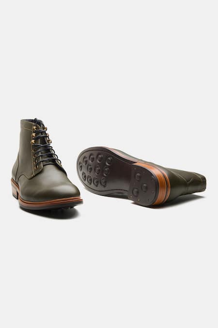 Shop Kozasko Green Goodyear Welted Plain Toe Boots Online at Aza Fashions Shop_Kozasko_Green Goodyear Welted Plain Toe Boots _Online_at_Aza_Fashions