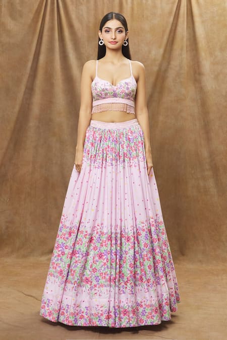 Buy Label Priyanka Kar Pink Cotton, Linen Tassels, Embroidery Sweetheart Abstract Floral Lehenga Set Buy_Label Priyanka Kar_Pink Cotton, Linen Tassels, Embroidery Sweetheart Abstract Floral Lehenga Set