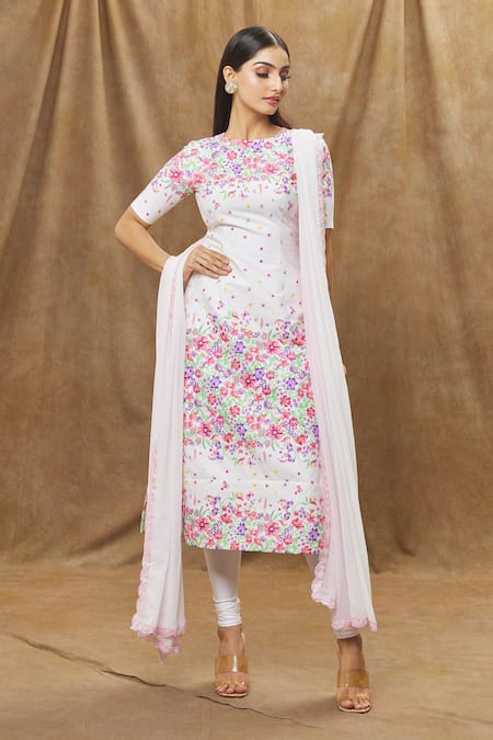 Buy Label Priyanka Kar Ivory Cotton Embroidery Round Neck Floral Embellished Kurta Set Online at Aza Fashions Buy_Label Priyanka Kar_Ivory Cotton Embroidery Round Neck Floral Embellished Kurta Set _Online_at_Aza_Fashions