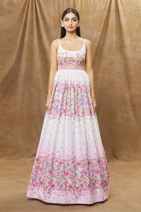 Label Priyanka Kar Pink Cotton Embroidery Scoop Neck Floral Gown at Aza Fashions Label Priyanka Kar_Pink Cotton Embroidery Scoop Neck Floral Gown _at_Aza_Fashions