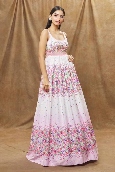 Label Priyanka Kar Pink Cotton Embroidery Scoop Neck Floral Gown Online at Aza Fashions Label Priyanka Kar_Pink Cotton Embroidery Scoop Neck Floral Gown _Online_at_Aza_Fashions