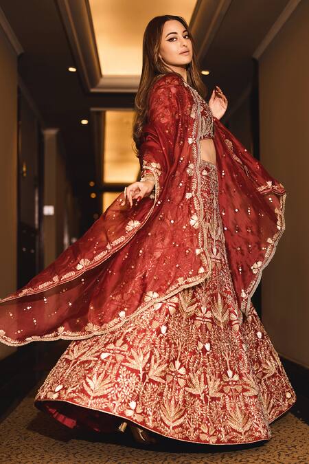 Shop_Payal Singhal_Red Silk, Organza, Muslin Embroidery, Gota Patti Resham Bridal Lehenga Set 