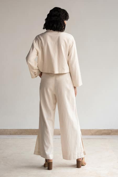 Shop Origani White Linen Lace Collared Rose Patchwork Shirt And Pant Co-ord Set at Aza Fashions Shop_Origani_White Linen Lace Collared Rose Patchwork Shirt And Pant Co-ord Set _at_Aza_Fashions