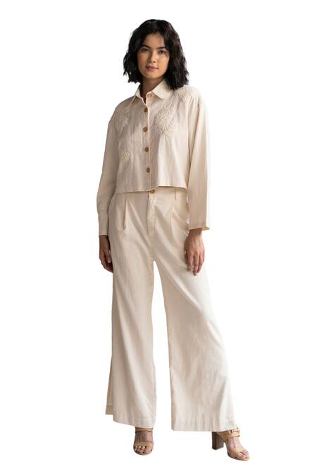 Origani White Linen Lace Collared Rose Patchwork Shirt And Pant Co-ord Set Online at Aza Fashions Origani_White Linen Lace Collared Rose Patchwork Shirt And Pant Co-ord Set _Online_at_Aza_Fashions