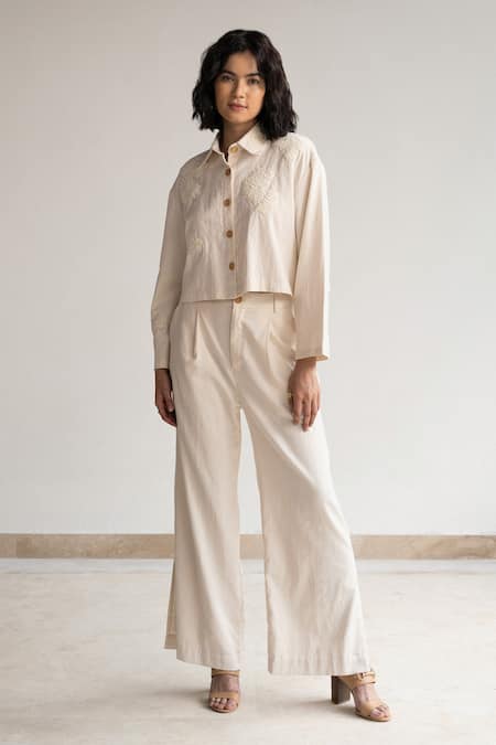 Buy Origani White Linen Lace Collared Rose Patchwork Shirt And Pant Co-ord Set Online at Aza Fashions Buy_Origani_White Linen Lace Collared Rose Patchwork Shirt And Pant Co-ord Set _Online_at_Aza_Fashions