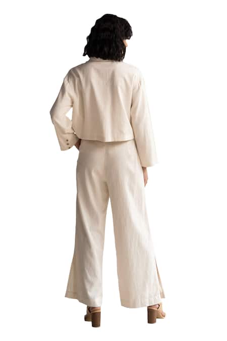 Shop Origani White Linen Lace Collared Rose Patchwork Shirt And Pant Co-ord Set Online at Aza Fashions Shop_Origani_White Linen Lace Collared Rose Patchwork Shirt And Pant Co-ord Set _Online_at_Aza_Fashions