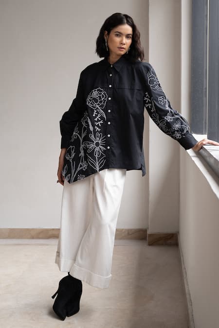 ORIGANI Contrast Embroidered Asymmetric Shirt 