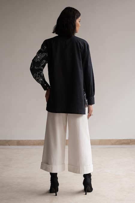 Shop Origani Black Cotton Embroidery Collared Contrast Asymmetric Shirt at Aza Fashions Shop_Origani_Black Cotton Embroidery Collared Contrast Asymmetric Shirt _at_Aza_Fashions