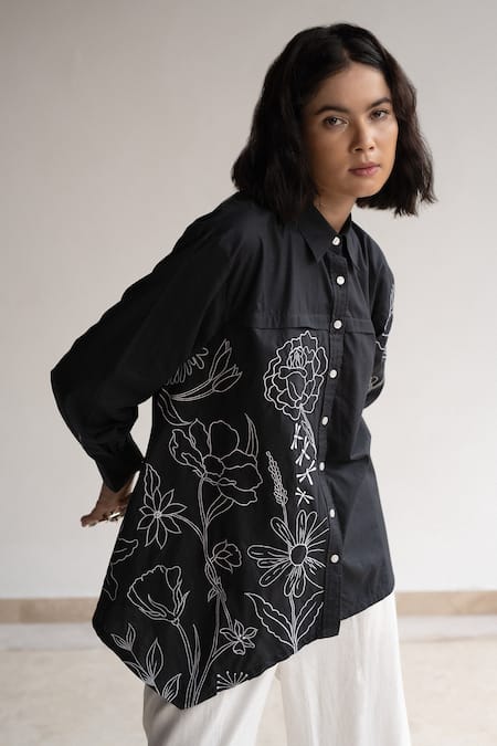 Origani Black Cotton Embroidery Collared Contrast Asymmetric Shirt Online at Aza Fashions Origani_Black Cotton Embroidery Collared Contrast Asymmetric Shirt _Online_at_Aza_Fashions