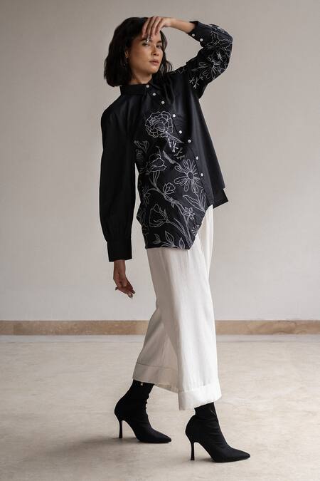 Buy Origani Black Cotton Embroidery Collared Contrast Asymmetric Shirt Online at Aza Fashions Buy_Origani_Black Cotton Embroidery Collared Contrast Asymmetric Shirt _Online_at_Aza_Fashions