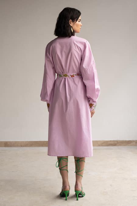 Shop Origani Purple Cotton Embroidery Collared Floral A-line Midi Dress at Aza Fashions Shop_Origani_Purple Cotton Embroidery Collared Floral A-line Midi Dress _at_Aza_Fashions