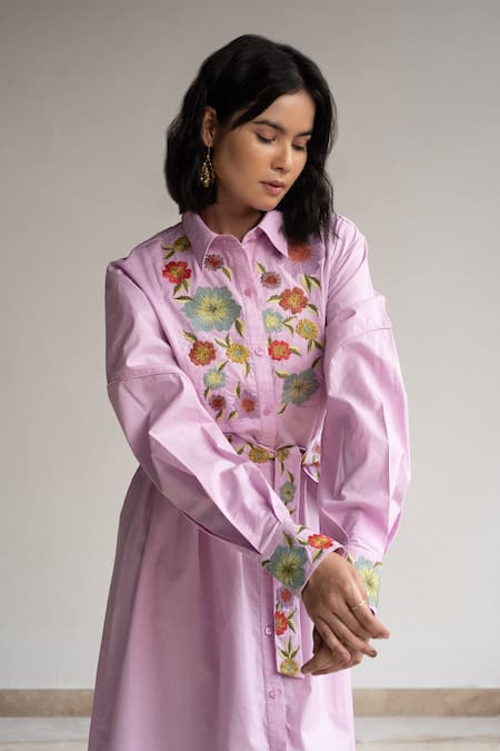 Origani Purple Cotton Embroidery Collared Floral A-line Midi Dress Online at Aza Fashions Origani_Purple Cotton Embroidery Collared Floral A-line Midi Dress _Online_at_Aza_Fashions