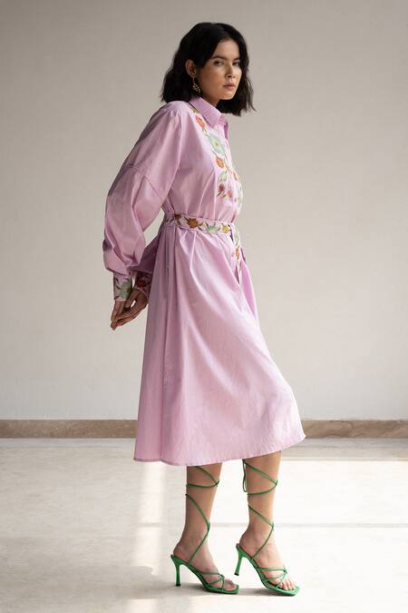 Buy Origani Purple Cotton Embroidery Collared Floral A-line Midi Dress Online at Aza Fashions Buy_Origani_Purple Cotton Embroidery Collared Floral A-line Midi Dress _Online_at_Aza_Fashions