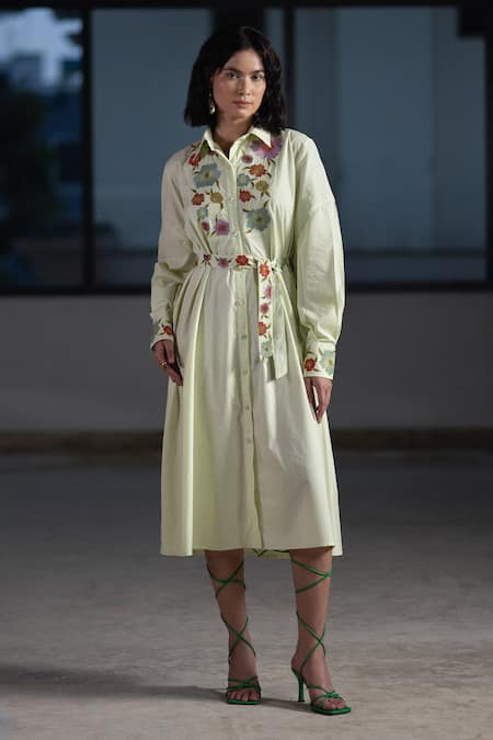 ORIGANI Green Cotton Embroidered Floral Collared A-line Dress