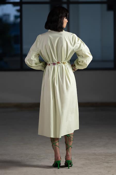 Shop Origani Green Cotton Embroidery Collared Floral A-line Dress at Aza Fashions Shop_Origani_Green Cotton Embroidery Collared Floral A-line Dress _at_Aza_Fashions