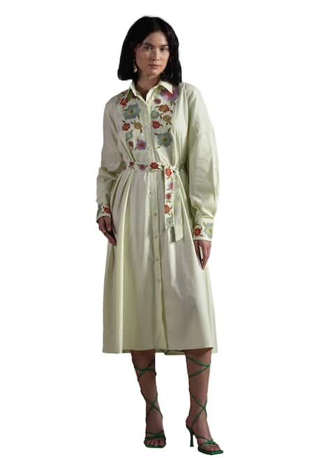 Origani Green Cotton Embroidery Collared Floral A-line Dress Online at Aza Fashions Origani_Green Cotton Embroidery Collared Floral A-line Dress _Online_at_Aza_Fashions