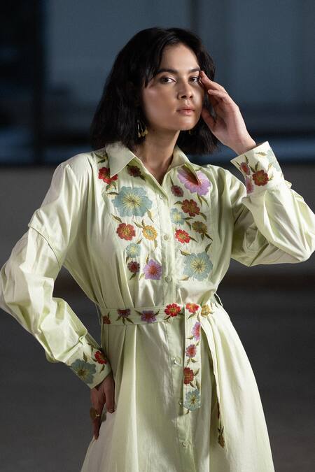 Buy Origani Green Cotton Embroidery Collared Floral A-line Dress Online at Aza Fashions Buy_Origani_Green Cotton Embroidery Collared Floral A-line Dress _Online_at_Aza_Fashions