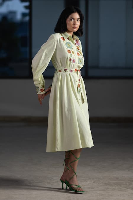 Shop Origani Green Cotton Embroidery Collared Floral A-line Dress Online at Aza Fashions Shop_Origani_Green Cotton Embroidery Collared Floral A-line Dress _Online_at_Aza_Fashions