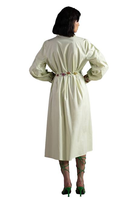 Origani Green Cotton Embroidery Collared Floral A-line Dress at Aza Fashions Origani_Green Cotton Embroidery Collared Floral A-line Dress _at_Aza_Fashions