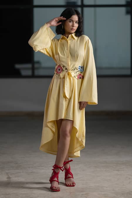 ORIGANI Yellow Linen Blend Embroidered Floral Collared Asymmetric Shirt Dress