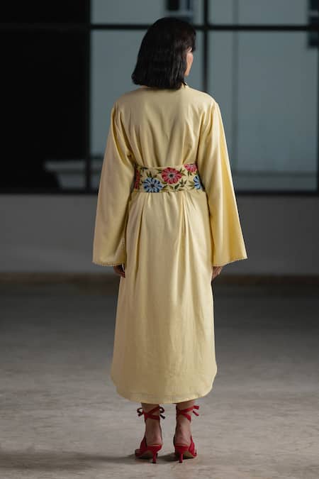 Shop Origani Yellow Linen Beads, Embroidery Collared Asymmetric Shirt Dress at Aza Fashions Shop_Origani_Yellow Linen Beads, Embroidery Collared Asymmetric Shirt Dress _at_Aza_Fashions