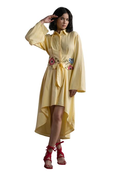 Origani Yellow Linen Beads, Embroidery Collared Asymmetric Shirt Dress Online at Aza Fashions Origani_Yellow Linen Beads, Embroidery Collared Asymmetric Shirt Dress _Online_at_Aza_Fashions