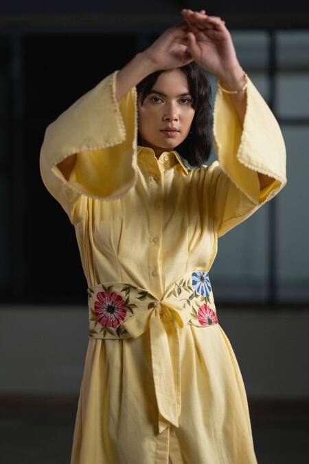 Buy Origani Yellow Linen Beads, Embroidery Collared Asymmetric Shirt Dress Online at Aza Fashions Buy_Origani_Yellow Linen Beads, Embroidery Collared Asymmetric Shirt Dress _Online_at_Aza_Fashions