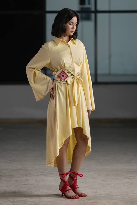 Shop Origani Yellow Linen Beads, Embroidery Collared Asymmetric Shirt Dress Online at Aza Fashions Shop_Origani_Yellow Linen Beads, Embroidery Collared Asymmetric Shirt Dress _Online_at_Aza_Fashions