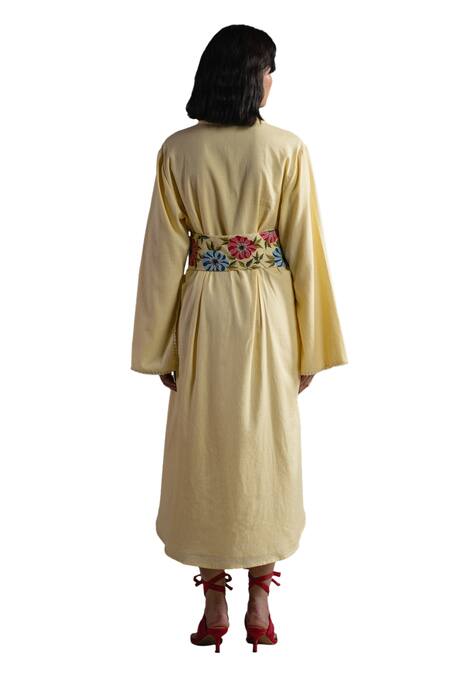 Origani Yellow Linen Beads, Embroidery Collared Asymmetric Shirt Dress at Aza Fashions Origani_Yellow Linen Beads, Embroidery Collared Asymmetric Shirt Dress _at_Aza_Fashions