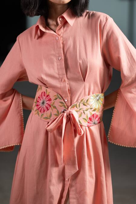 Origani Peach Linen Embroidery, Beads Collared Solid Asymmetric Shirt Dress Online at Aza Fashions Origani_Peach Linen Embroidery, Beads Collared Solid Asymmetric Shirt Dress _Online_at_Aza_Fashions