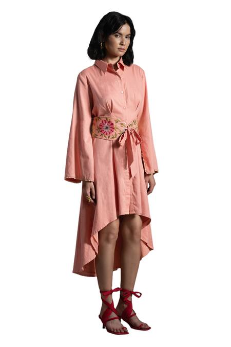Buy Origani Peach Linen Embroidery, Beads Collared Solid Asymmetric Shirt Dress Online at Aza Fashions Buy_Origani_Peach Linen Embroidery, Beads Collared Solid Asymmetric Shirt Dress _Online_at_Aza_Fashions