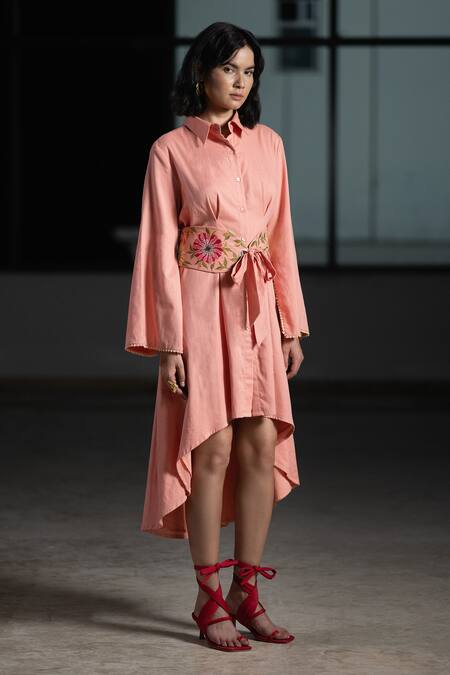Shop Origani Peach Linen Embroidery, Beads Collared Solid Asymmetric Shirt Dress Online at Aza Fashions Shop_Origani_Peach Linen Embroidery, Beads Collared Solid Asymmetric Shirt Dress _Online_at_Aza_Fashions