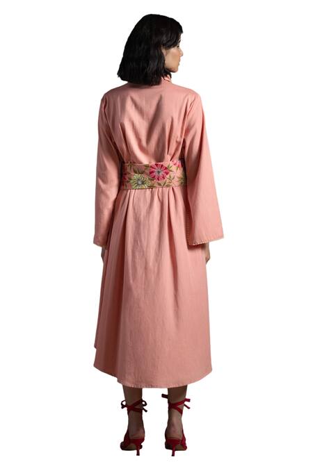 Origani Peach Linen Embroidery, Beads Collared Solid Asymmetric Shirt Dress at Aza Fashions Origani_Peach Linen Embroidery, Beads Collared Solid Asymmetric Shirt Dress _at_Aza_Fashions