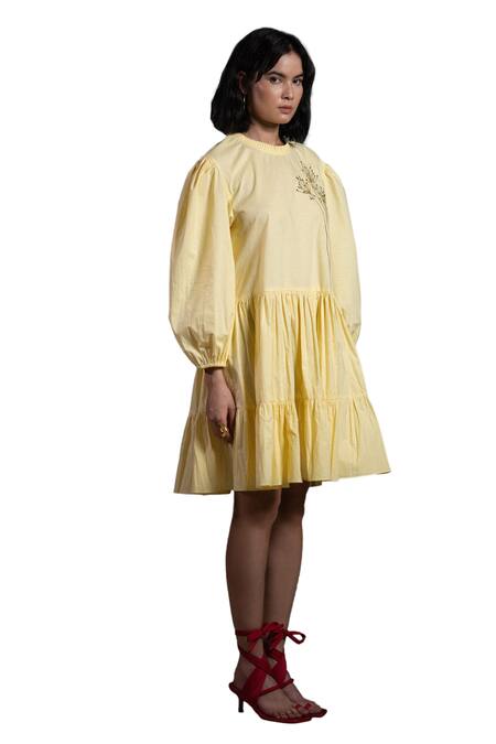 Origani_Yellow Cotton Embroidered Dandelion Round Neck Tiered Dress_Online_at_Aza_Fashions