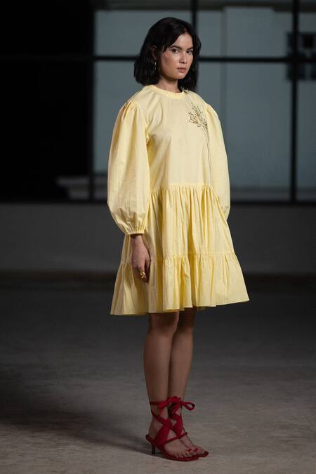 Buy_Origani_Yellow Cotton Embroidered Dandelion Round Neck Tiered Dress_Online_at_Aza_Fashions