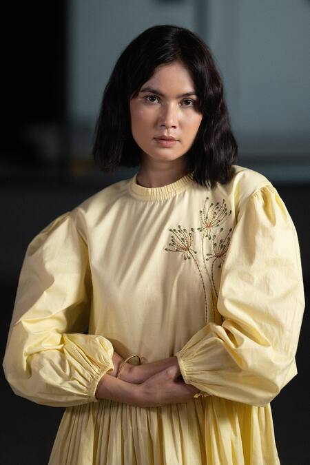 Shop_Origani_Yellow Cotton Embroidered Dandelion Round Neck Tiered Dress_Online_at_Aza_Fashions
