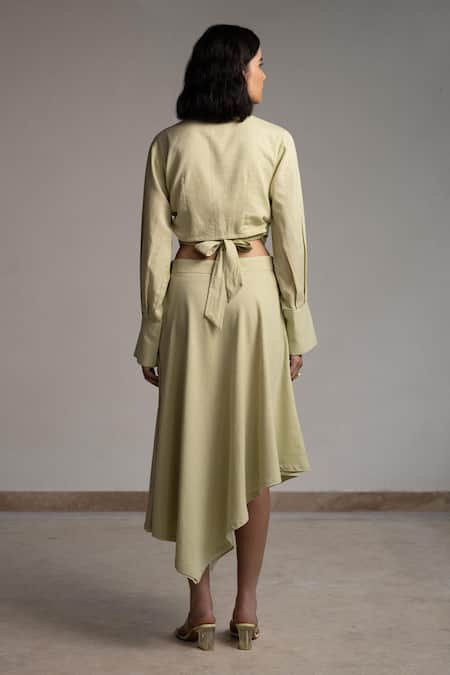 Shop Origani Green Linen Embroidery V-neck Butterfly Wrap Around Blouse at Aza Fashions Shop_Origani_Green Linen Embroidery V-neck Butterfly Wrap Around Blouse _at_Aza_Fashions