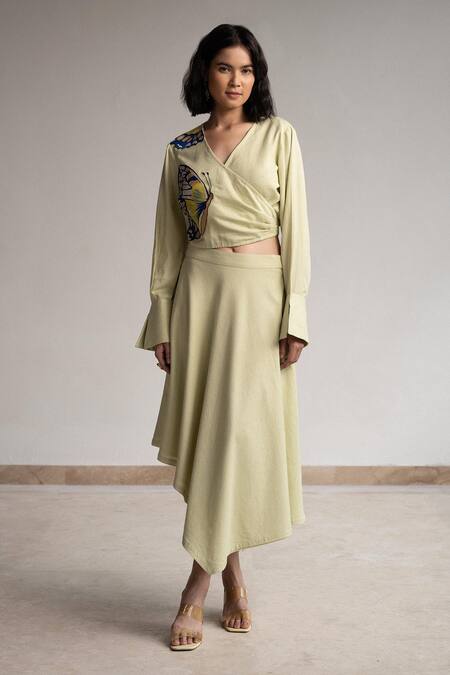 Origani Green Linen Embroidery V-neck Butterfly Wrap Around Blouse Online at Aza Fashions Origani_Green Linen Embroidery V-neck Butterfly Wrap Around Blouse _Online_at_Aza_Fashions
