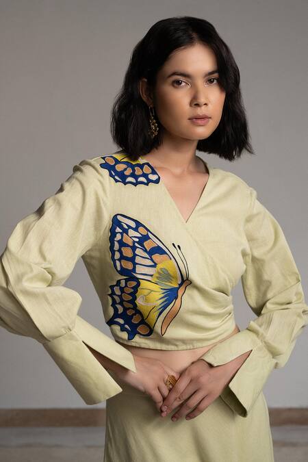 Buy Origani Green Linen Embroidery V-neck Butterfly Wrap Around Blouse Online at Aza Fashions Buy_Origani_Green Linen Embroidery V-neck Butterfly Wrap Around Blouse _Online_at_Aza_Fashions