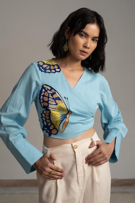 Origani Blue Linen Embroidery V-neck Butterfly Wrap Blouse Online at Aza Fashions Origani_Blue Linen Embroidery V-neck Butterfly Wrap Blouse _Online_at_Aza_Fashions