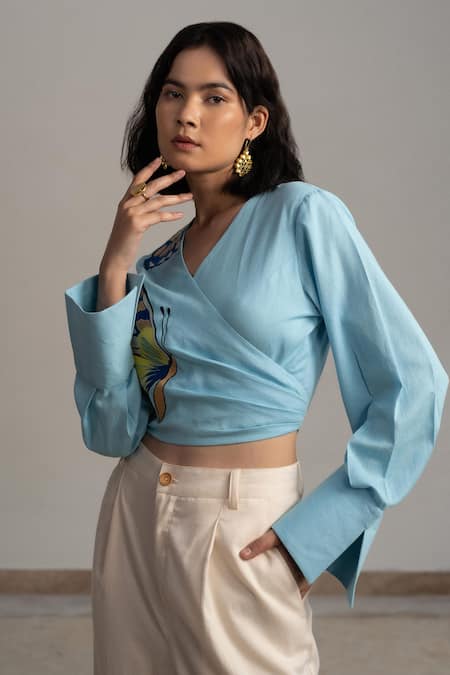 Buy Origani Blue Linen Embroidery V-neck Butterfly Wrap Blouse Online at Aza Fashions Buy_Origani_Blue Linen Embroidery V-neck Butterfly Wrap Blouse _Online_at_Aza_Fashions
