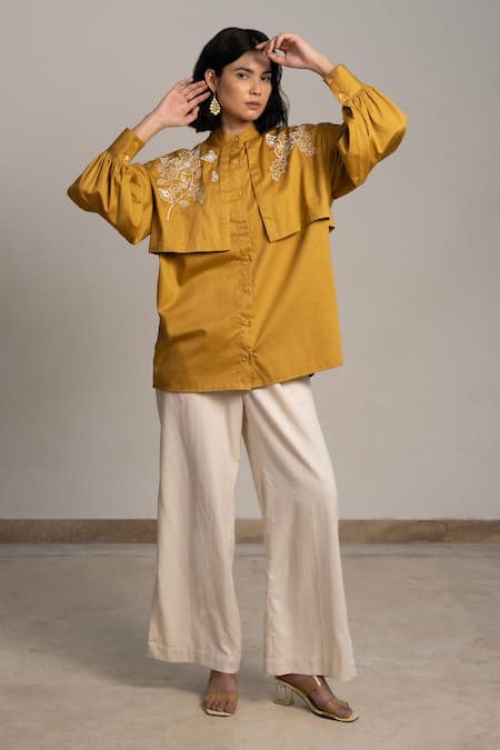 ORIGANI Yellow Cotton Satin Embroidered Butterfly Band Double Layered Oversized Shirt
