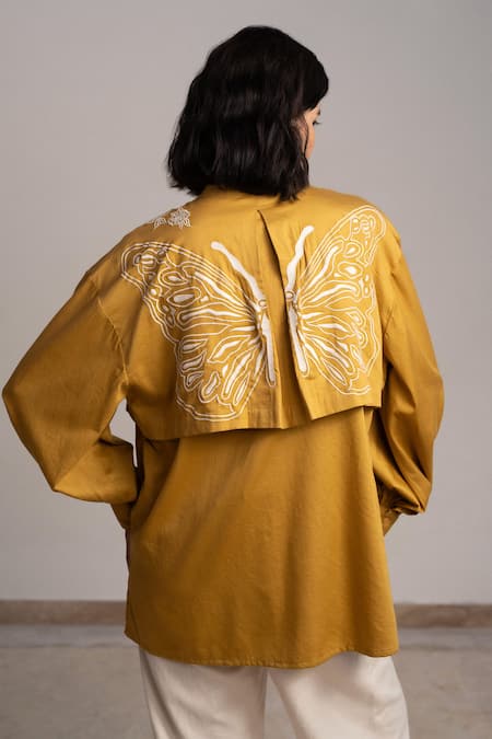 Shop Origani Yellow Cotton Satin Embroidery Bandeau Neck Double Layered Oversized Shirt at Aza Fashions Shop_Origani_Yellow Cotton Satin Embroidery Bandeau Neck Double Layered Oversized Shirt _at_Aza_Fashions