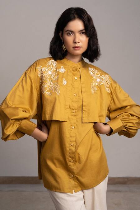 Origani Yellow Cotton Satin Embroidery Bandeau Neck Double Layered Oversized Shirt Online at Aza Fashions Origani_Yellow Cotton Satin Embroidery Bandeau Neck Double Layered Oversized Shirt _Online_at_Aza_Fashions
