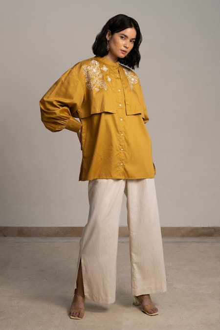 Buy Origani Yellow Cotton Satin Embroidery Bandeau Neck Double Layered Oversized Shirt Online at Aza Fashions Buy_Origani_Yellow Cotton Satin Embroidery Bandeau Neck Double Layered Oversized Shirt _Online_at_Aza_Fashions